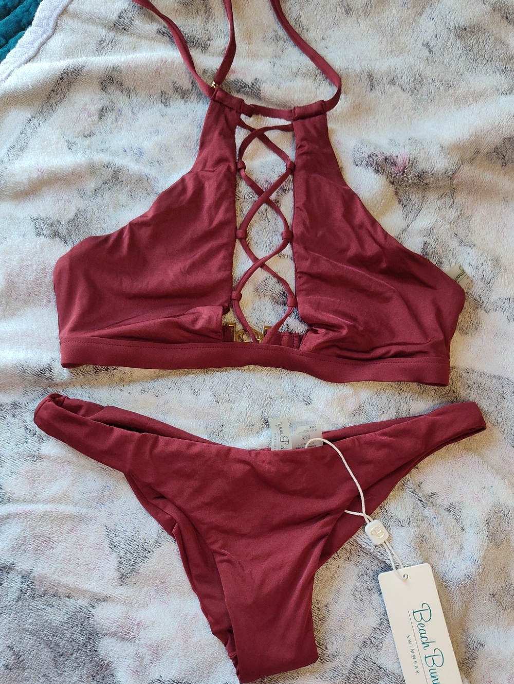 Beach Bunny Burgundy Lace-Up High-Neck Bikini